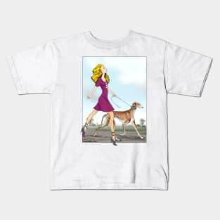 Blonde girl walking her Azawakh. Kids T-Shirt